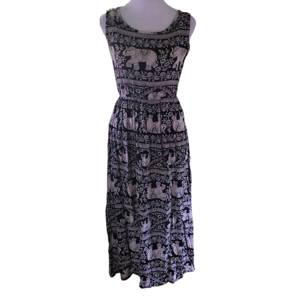 Elephant Print Boho Maxi Dress XS Festival Beach Resort Vacation Hippie Dress